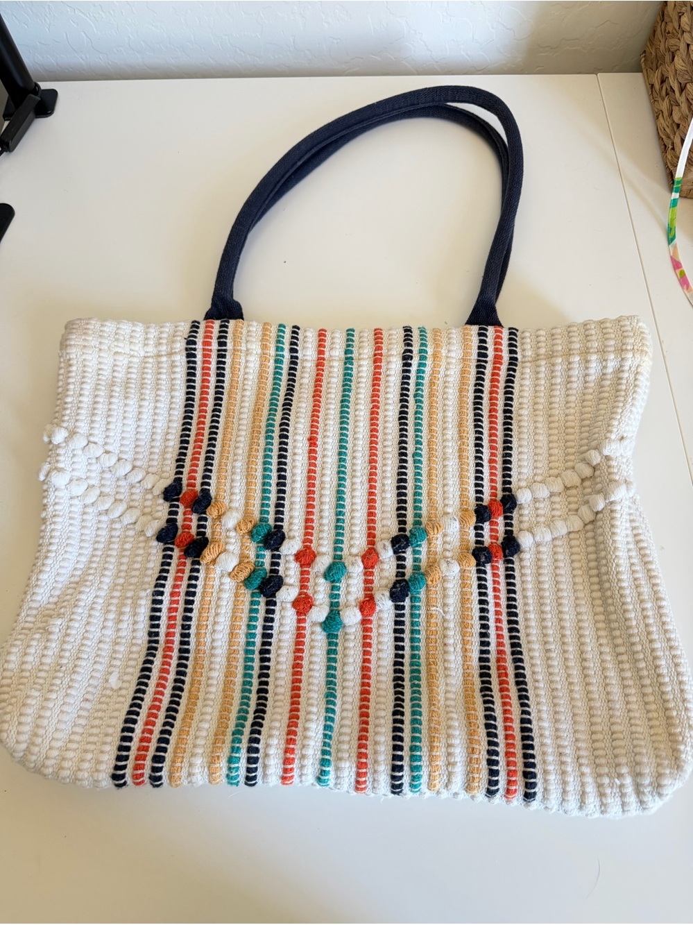 Universal Thread Woven Stripe Tote Bag with Navy Handles - White Multicolor